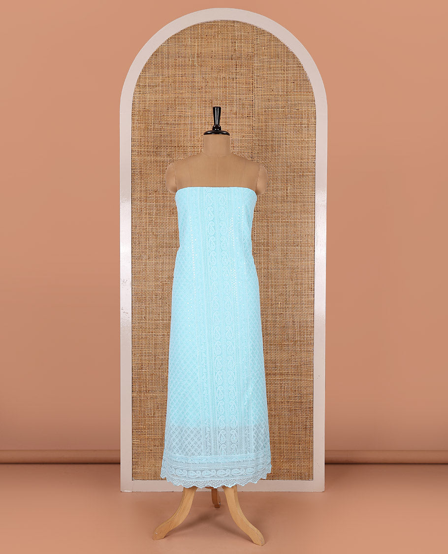 Aqua material chudidar set, paisleys and jaal schiffli sequins embroidered mul georgette top, a matching bottom, and a mirror work dupatta