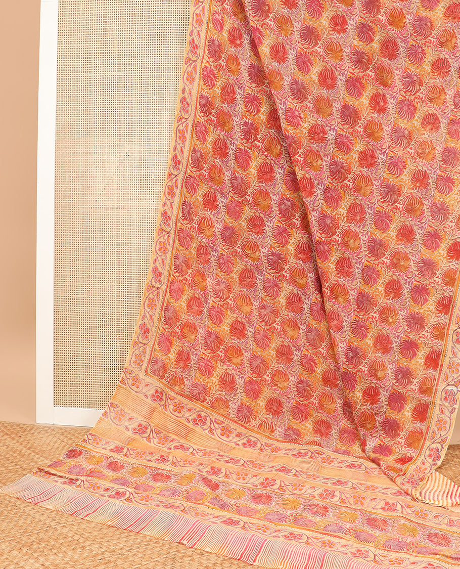 Multi-color floral printed semi-crepe saree, floral creeper printed border & pallu