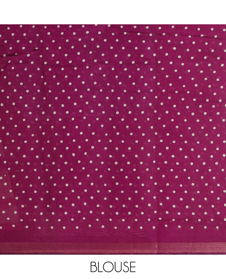 Purple shibori printed muslin cotton saree, contrast zari border, village theme printed pallu, and a contrast dots printed blouse