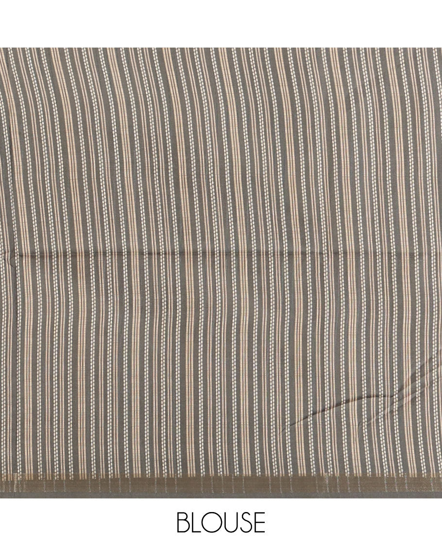 Cream small butta design kathan silk saree with contrast temple border & striped, temple design pallu along with striped blouse