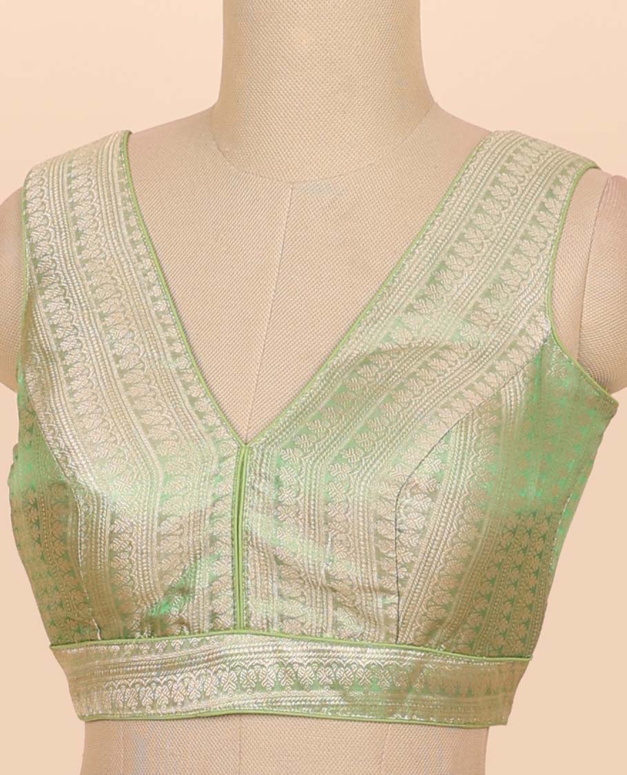 Light green floral zari design front & back deep v-neck raw-silk readymade sleeveless blouse