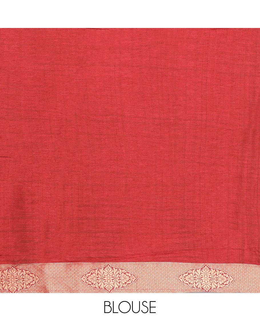 Red striped with zari motifs semi-banaras dola silk saree with contrast zari border