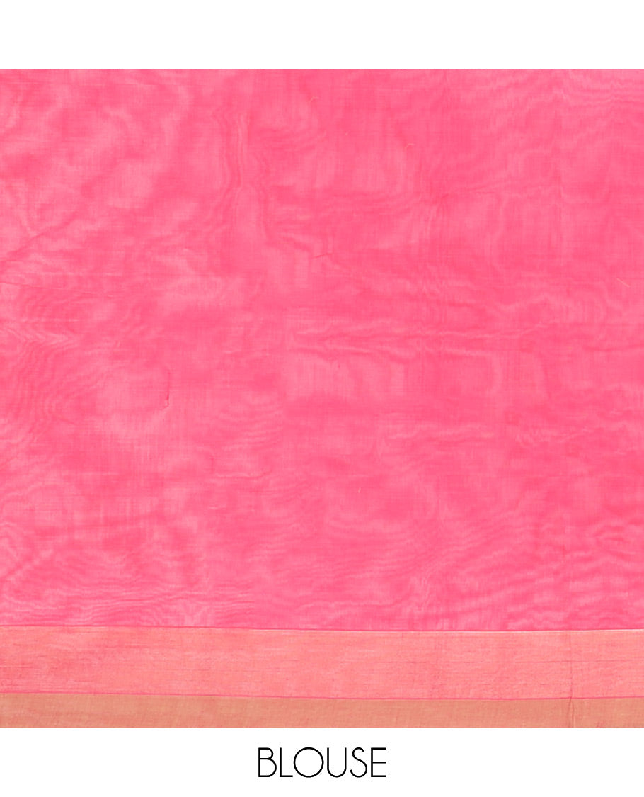 Pink checked & buttas Coimbatore cotton saree, contrast plain border & floral vine printed pallu
