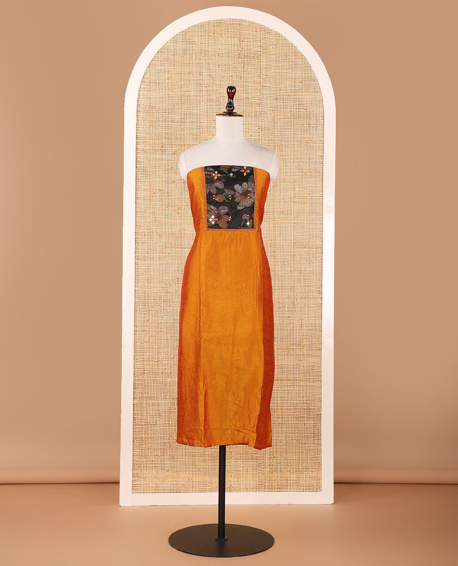 Mango yellow material chudidar set,brasso floral print & mirror neck embroidery vichitra silk top,santoon bottom & floral print georgette dupatta