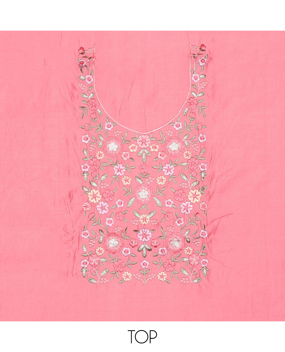 Pink chududhar material set, floral embodered top, plain & floral embroidery with lace border dupatta