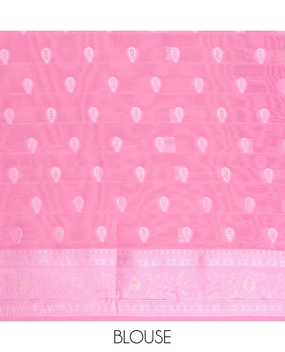 Cream with pink thread weaving, zari butta banaras brasso saree with contrast thread border & thread weaving pallu along with butta design blouse