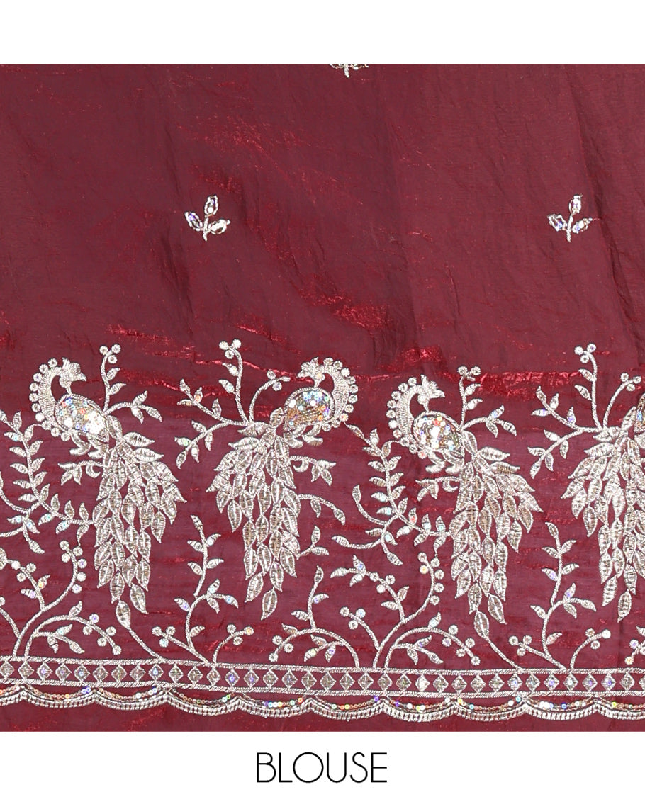 Borderless Purple Plain Fendi Chiffon Saree, a Self-Pallu, and a Matching Peacock Embroidered Blouse
