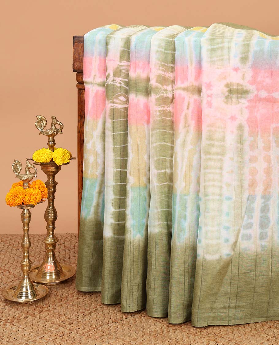 Borderless Olive green shibori printed Banswara Jute saree with printed pallu & contrast blouse