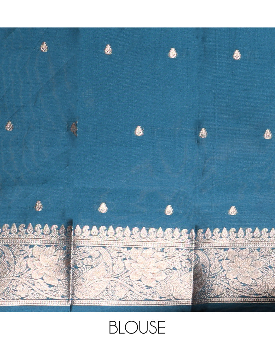 Borderless Royal Blue Kanchi Silk Saree, Gracefully Embellished with Zari Buttas, Intricate Pallu, and a Matching Blouse