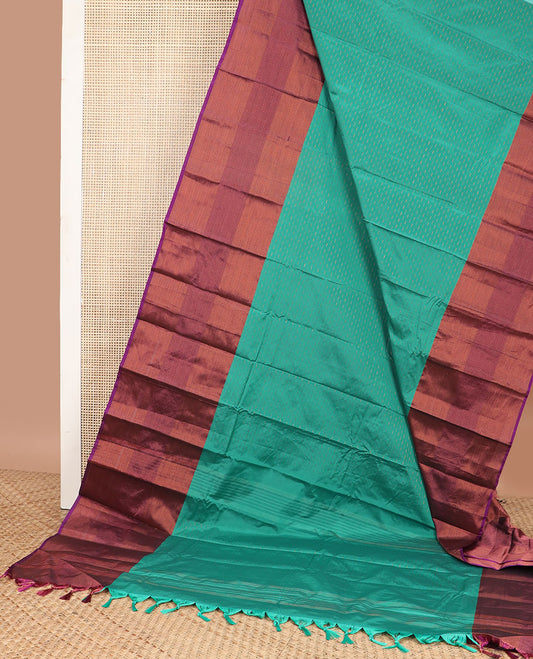 Green motifs gift saree with contrast zari design border & striped pallu