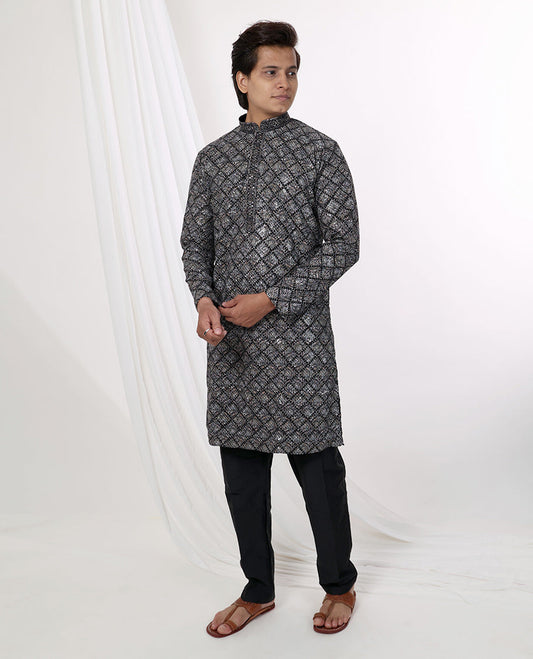 Black floral thread embroidery with sequins work mandarin collar & full-sleeve long raw silk kurta