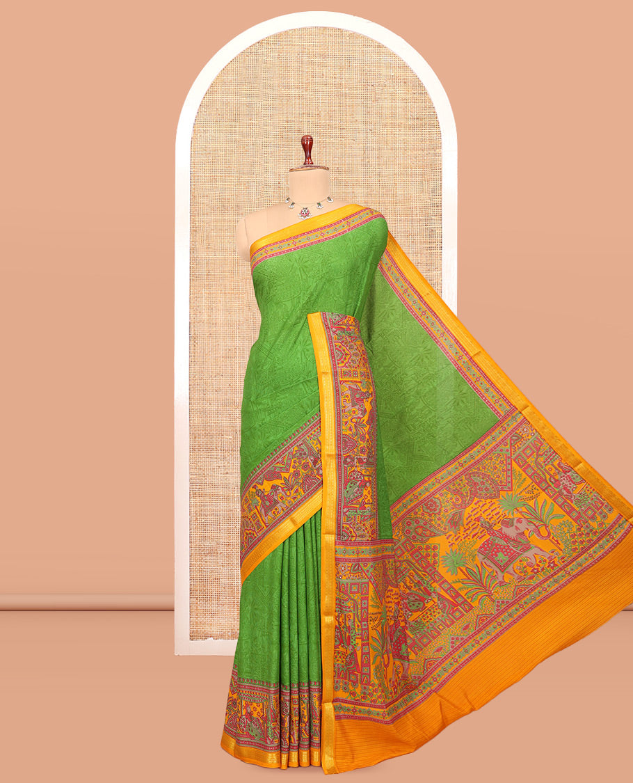 Green Sparsely Printed Silk Saree, a Contrast Mughal-Style Border, a Contrast Blouse