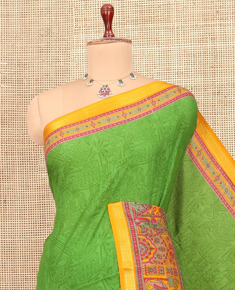 Green Sparsely Printed Silk Saree, a Contrast Mughal-Style Border, a Contrast Blouse