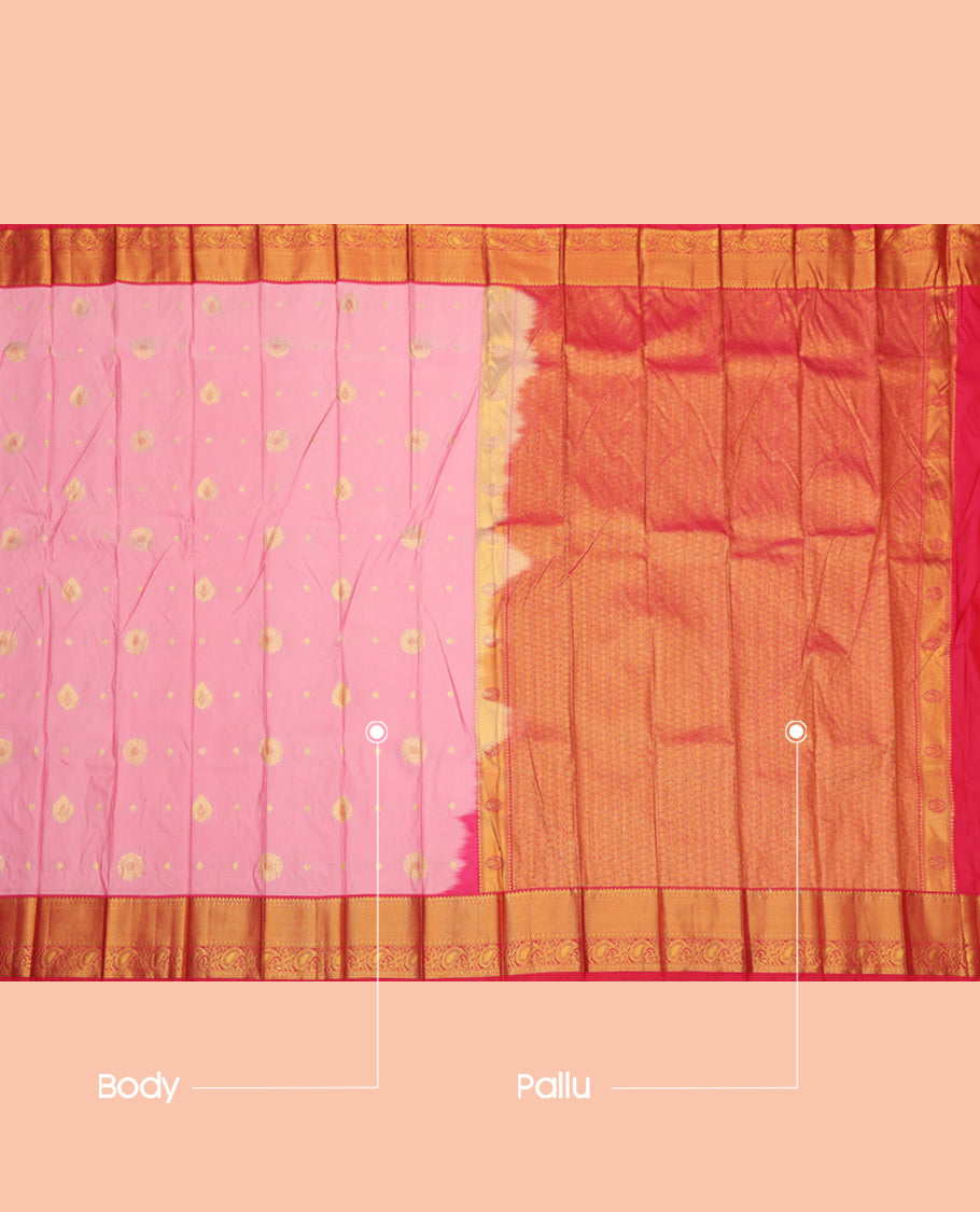 Pink Budget Silk Saree, Graced with Zari Buttas, a Contrast Traditional Zari Border, Grand Pallu, and a Contrast Blouse