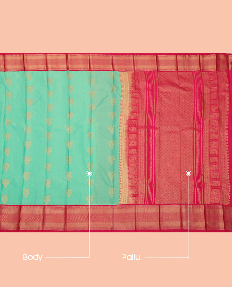 Turquoise Budget Silk Saree, Detailed with Zari Buttas, a Contrast Traditional Ganga-Jamuna Border, Intricate Pallu, and a Contrast Blouse
