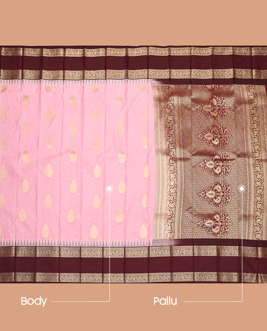 Pink Budget Silk Saree, Bedecked with Zari Buttas, Complemented by a Contrast Traditional Zari Design Rettai Pettu Temple Border, Grand Pallu, and a Contrast Blouse