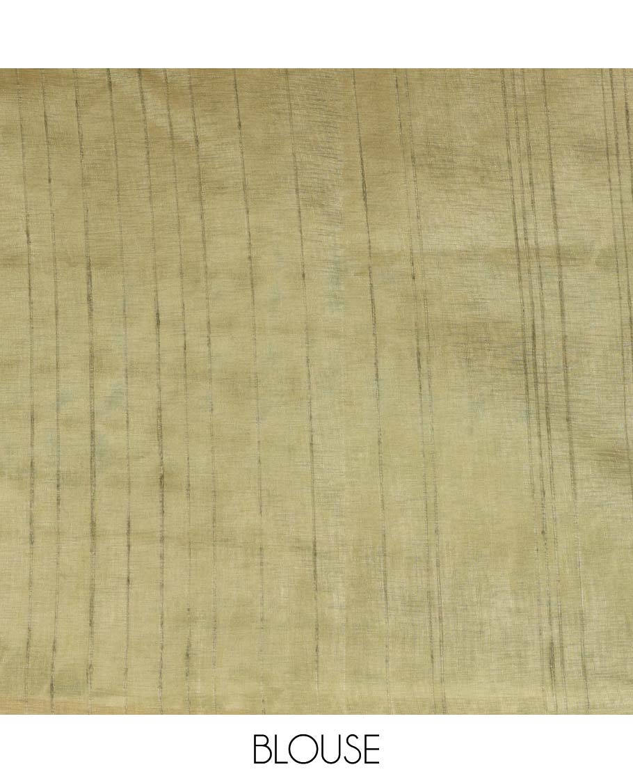 Borderless Olive green shibori printed Banswara Jute saree with printed pallu & contrast blouse