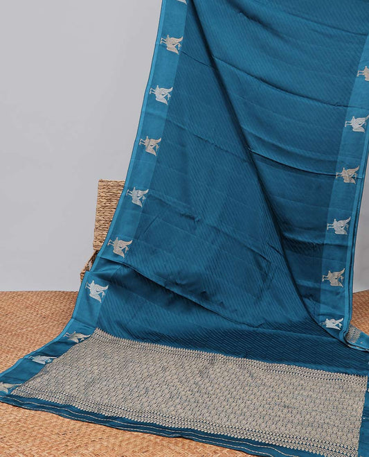 Blue striped mushru silk saree with animal motifs border & intricate jaal design pallu