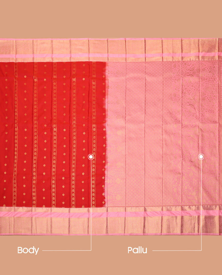 Orange Budget Silk Saree, Embellished with Zari Buttas and Stripes All Over Its Body, Complemented by a Contrast Traditional Zari Design Border, Grand Jaal Pallu, and Paired with a Contrast Blouse