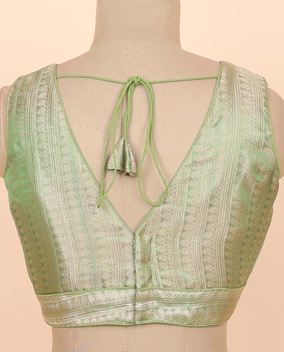 Light green floral zari design front & back deep v-neck raw-silk readymade sleeveless blouse