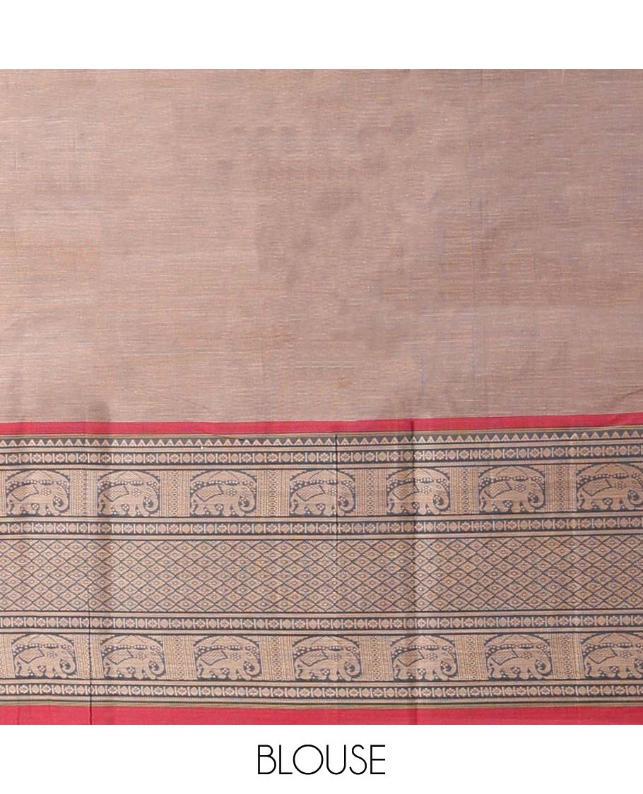 Pale brown plain Narayanapet cotton saree, contrast traditional design border & striped pallu