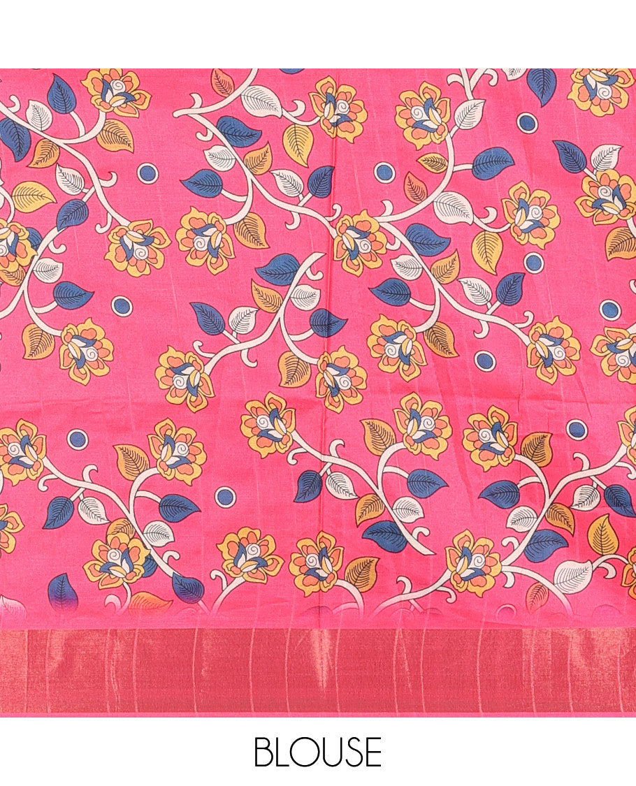 Black geometric patterns printed soft tussar saree, contrast bavanji border, kalamkari floral vine printed pallu, and printed blouse