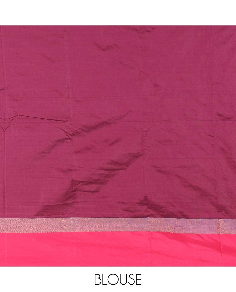 Navy blue-pink plus-shaped buttas steeped semi-soft silk saree, contrast satin border of stripes, striped pallu, and contrast blouse