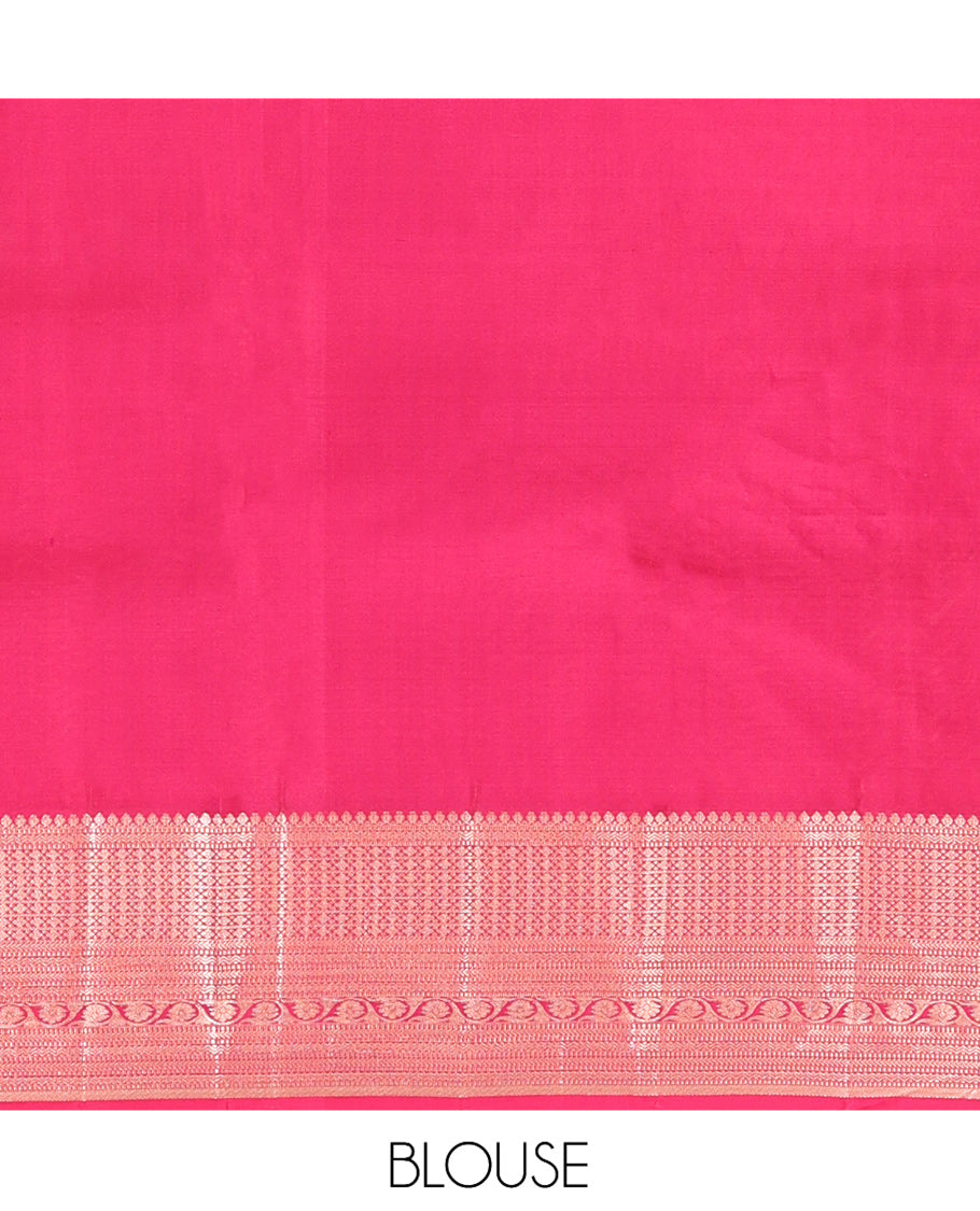 Maroon Vasundhara Silk Saree, Gleamed Up with Vaira Oosi Stripes, a Contrast Border of Thilakam Mokku, Muthu, Rettai Neli, Kathir, and Kodi Visiry Designs, Grand Pallu, and a Contrast Blouse