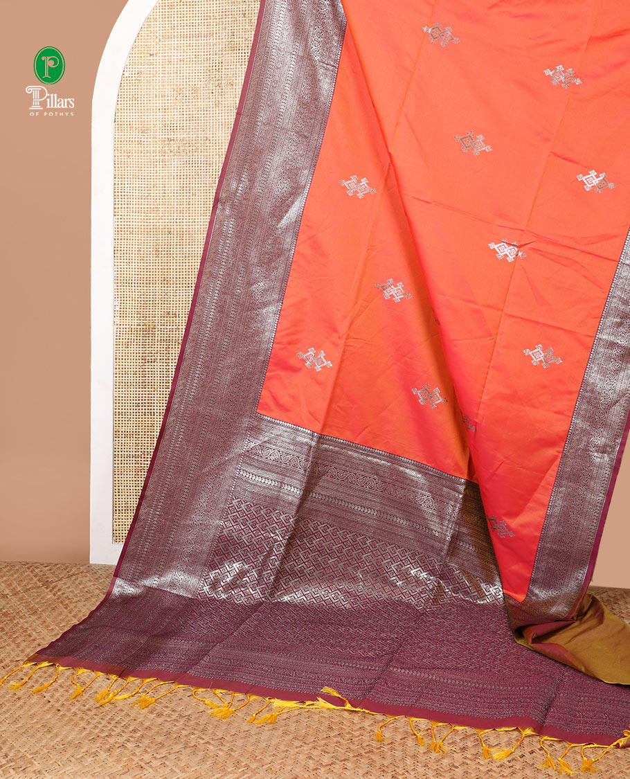 Orange semi soft silk saree with mango border & grand pallu along with plain blouse