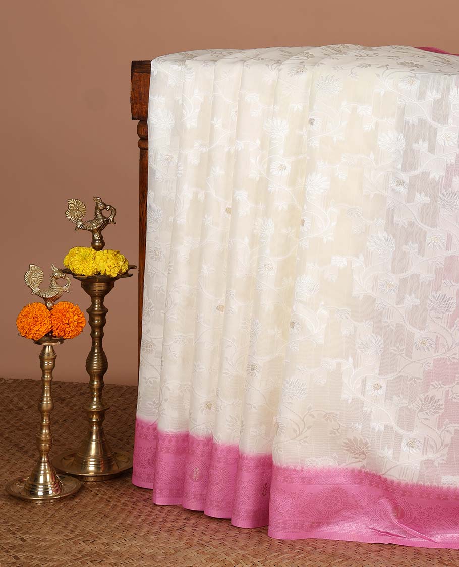 Cream with pink thread weaving, zari butta banaras brasso saree with contrast thread border & thread weaving pallu along with butta design blouse