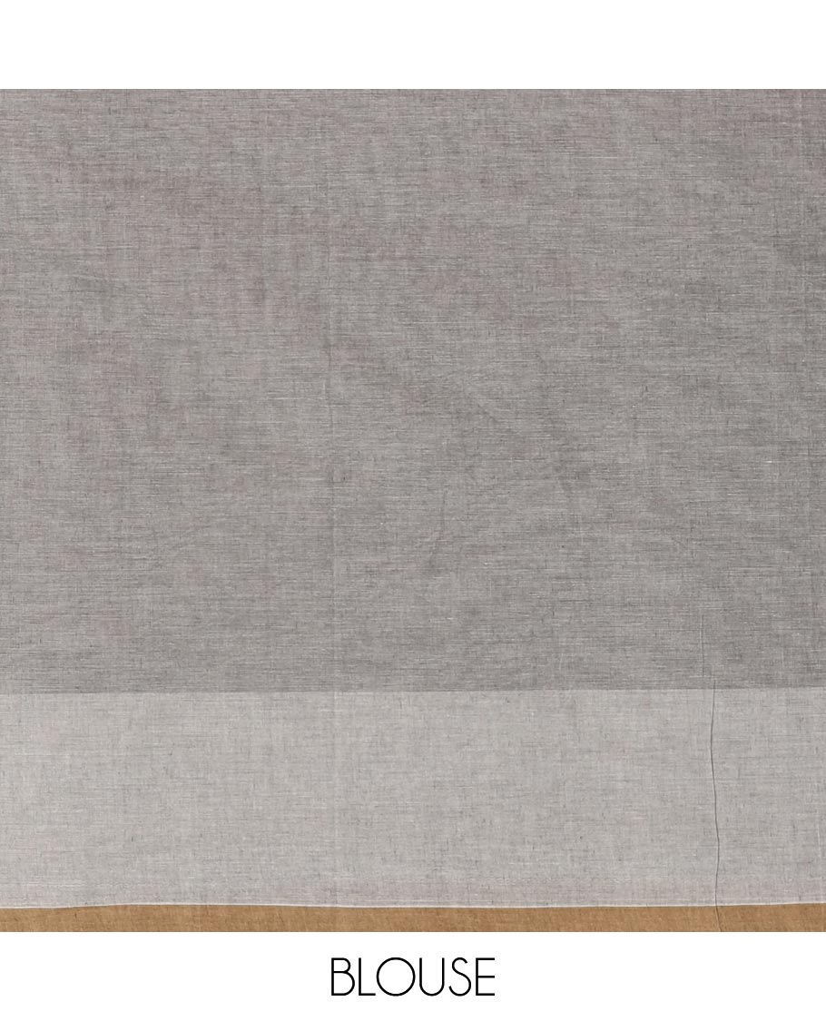 Grey bird motifs printed Handloom cotton saree, contrast piping border, pallu of bird motifs print, and a matching blouse