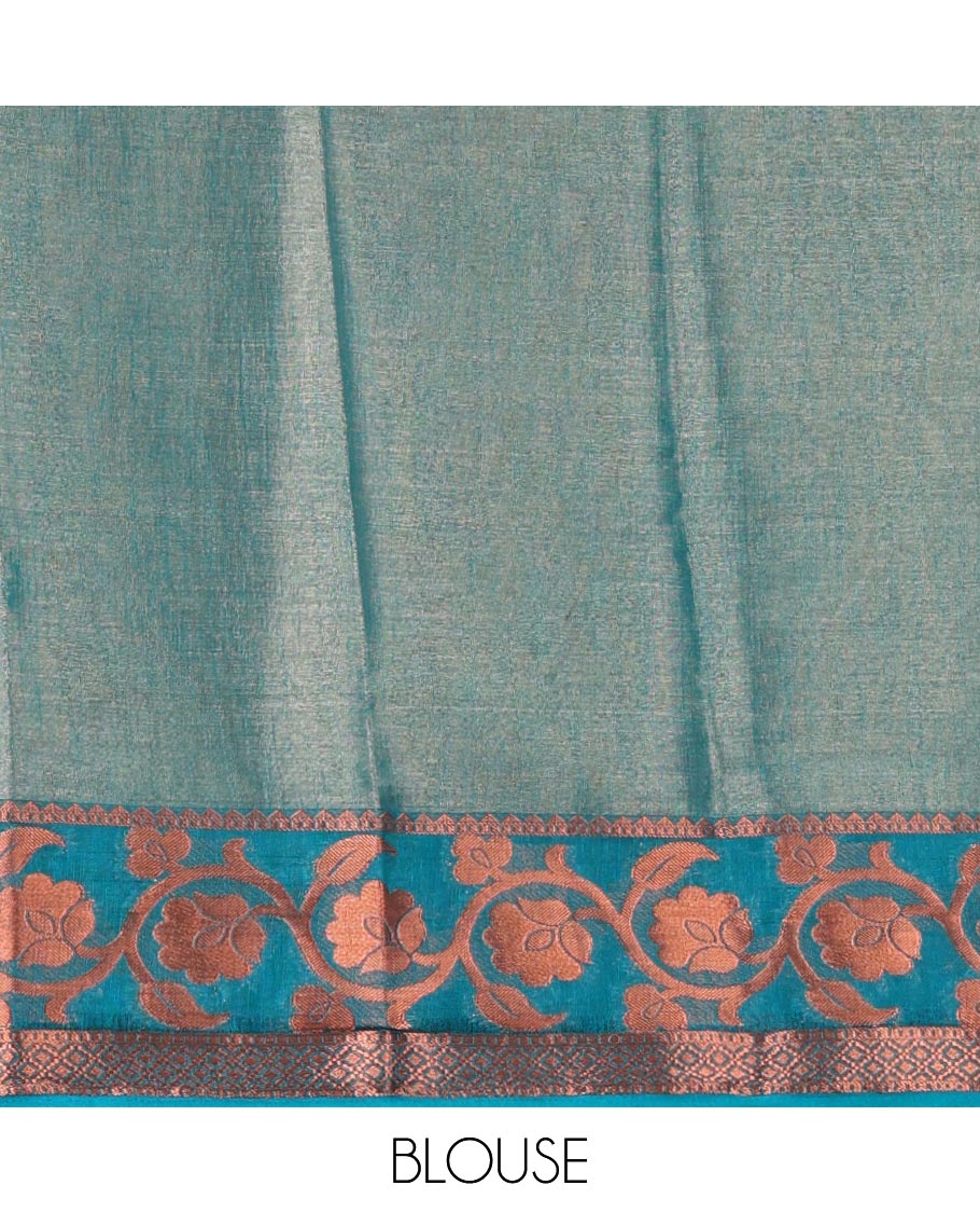 Gold plain tissue saree, contrast floral creeper & diamond patterned zari border, striped pallu & contrast plain blouse