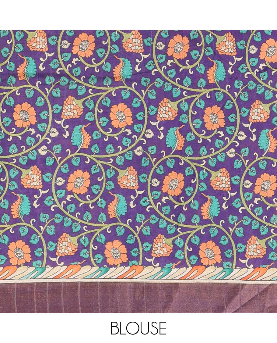 Mehendi green shibori-style printed soft-tussar saree, contrast zari border, kalamkari peacock printed pallu & kalamkari floral vine print contrast blouse