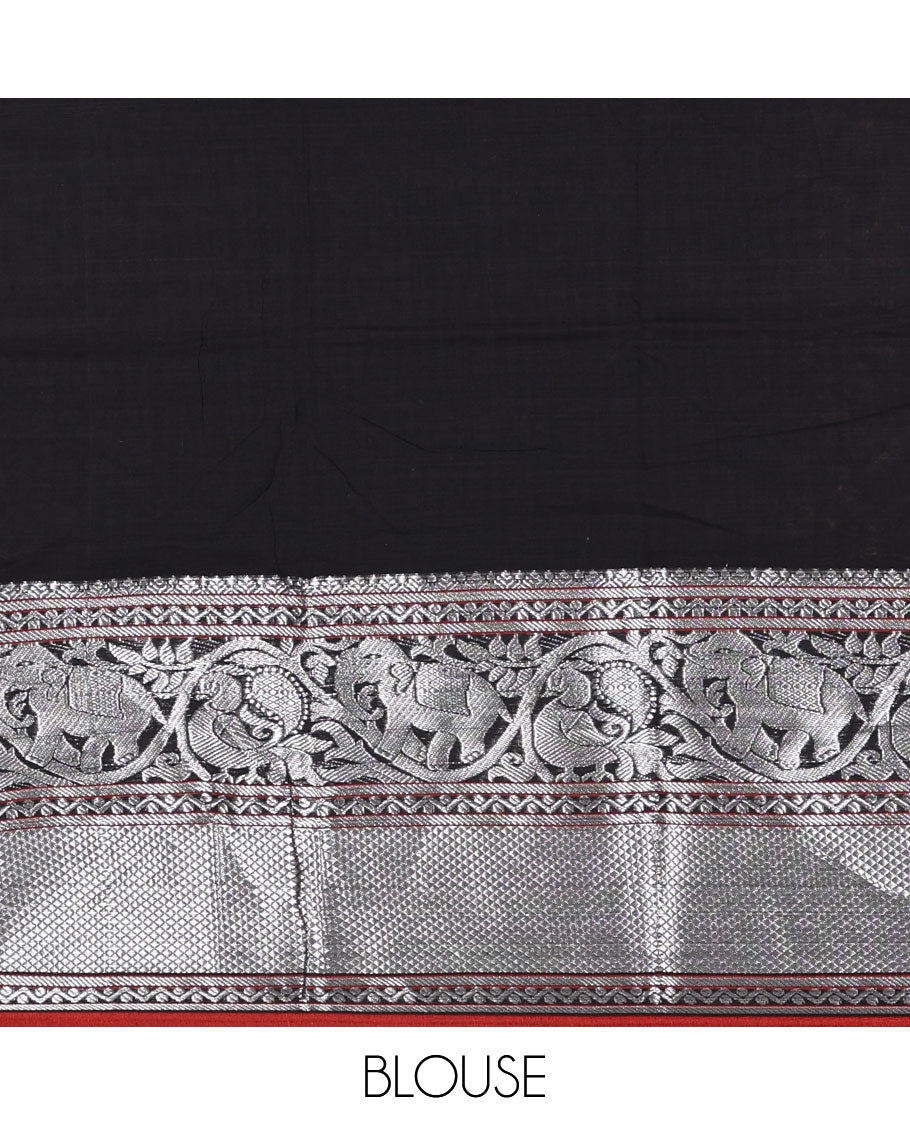 Black plain mercerised cotton saree, contrast traditional zari border of elephant and peacock designs, striped pallu, and plain blouse