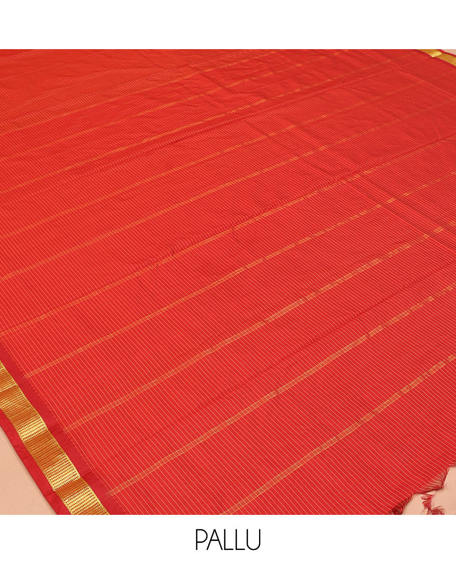 Red Checked Ten Yard Saree, a Subtle Zari Border, Pallu of Stripes, and No Blouse