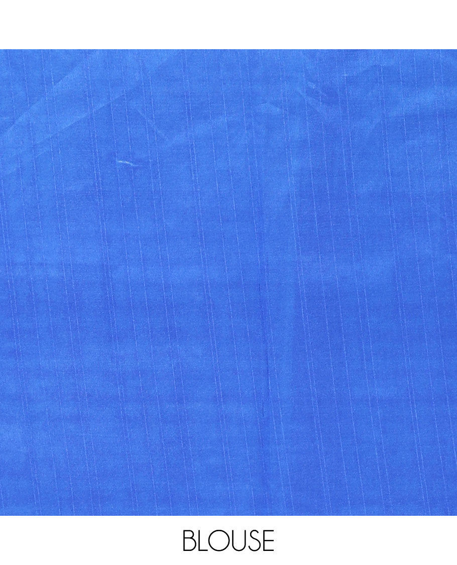 Chikku color swastika & Hindi typography printed jute cotton saree, contrast printed border, printed pallu & plain royal blue blouse