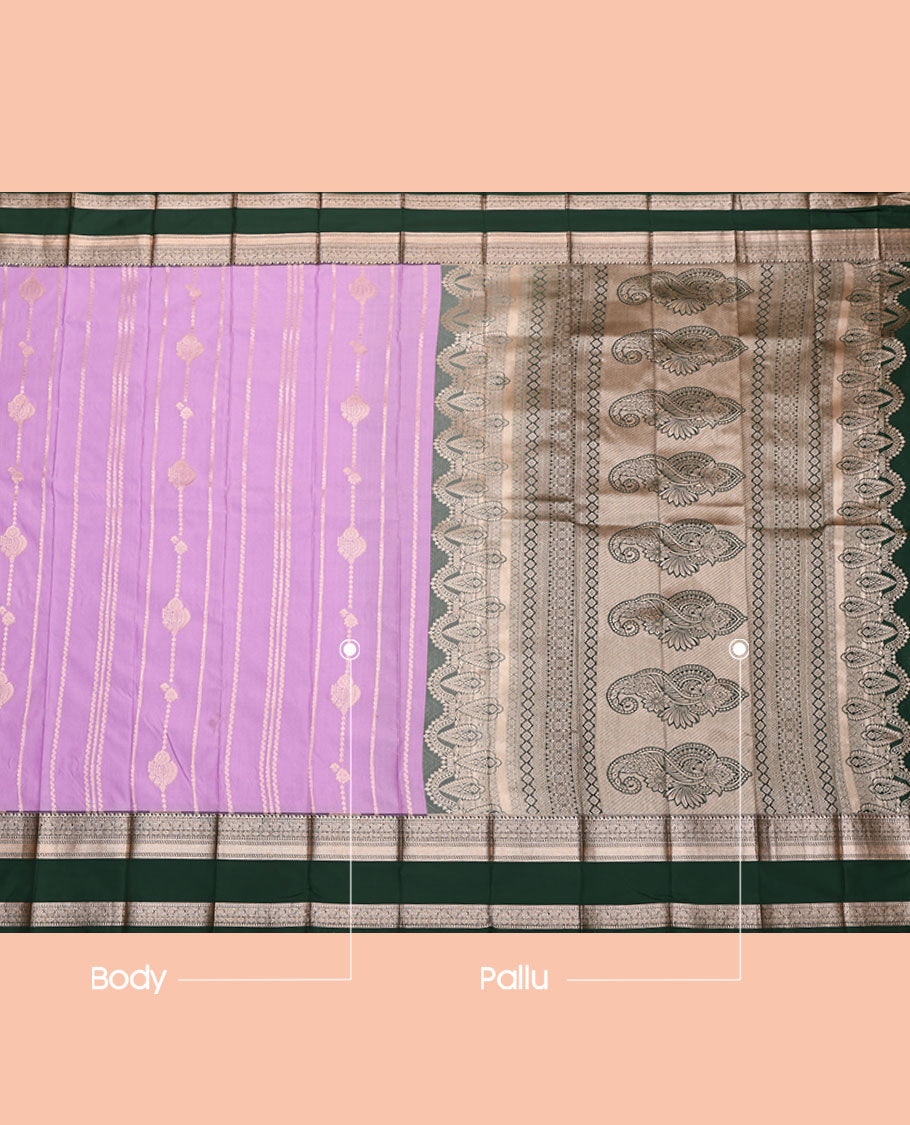 Pink Budget Silk Saree, Woven with Zari Stripes, Complemented by a Contrast Traditional Zari Rettai Pettu Border, Intricately Designed Pallu, and a Contrast Blouse
