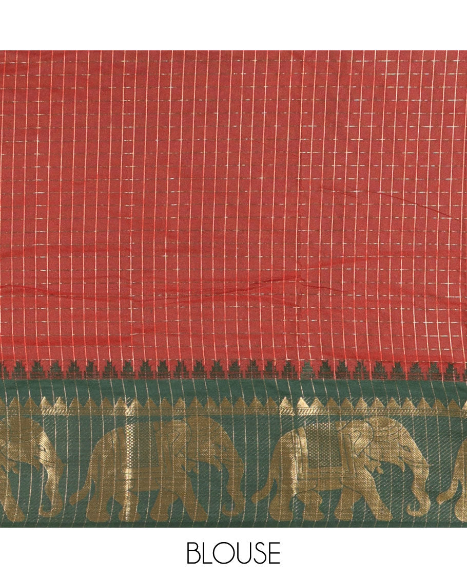Maroon zari checked semi-taffeta saree, contrast satin temple border of elephant motifs, striped pallu, and a contrast striped blouse