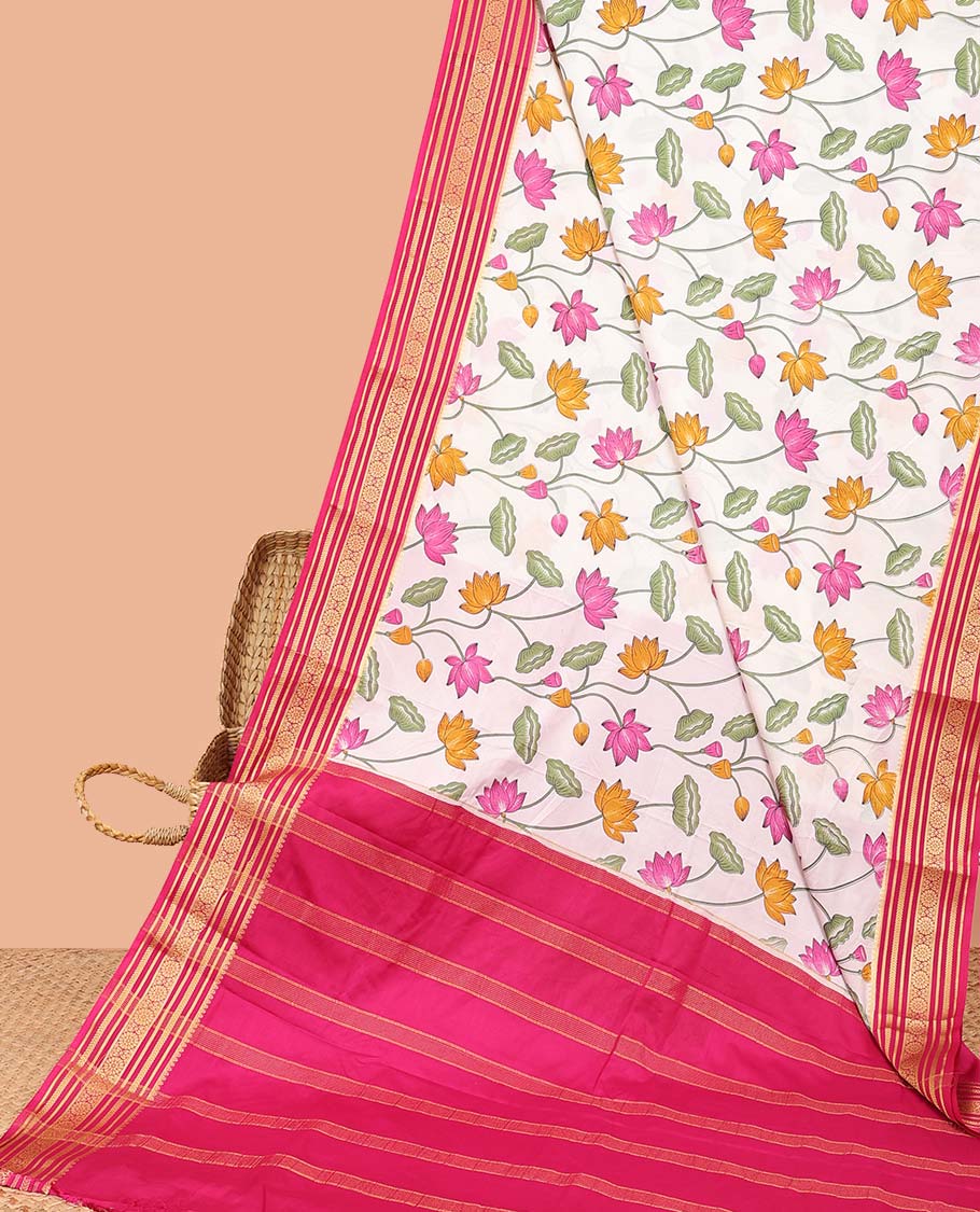 Cream pichwai-style floral vine printed semi-banaras printed saree, contrast traditional design border & striped pallu