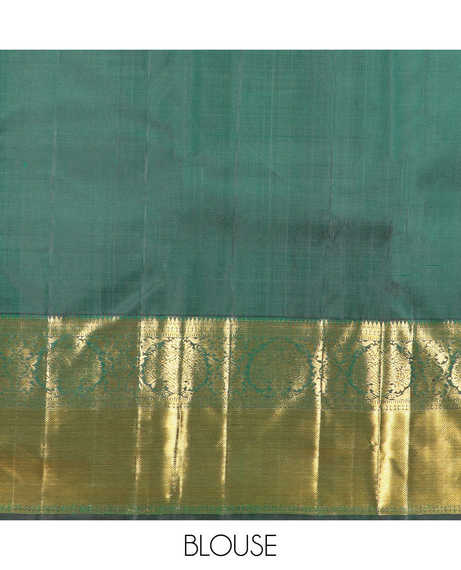 Dark green embossed & mayil buttas silk saree, self-border of thilakam mokku, muthu, poun, banaras design & jaal pallu