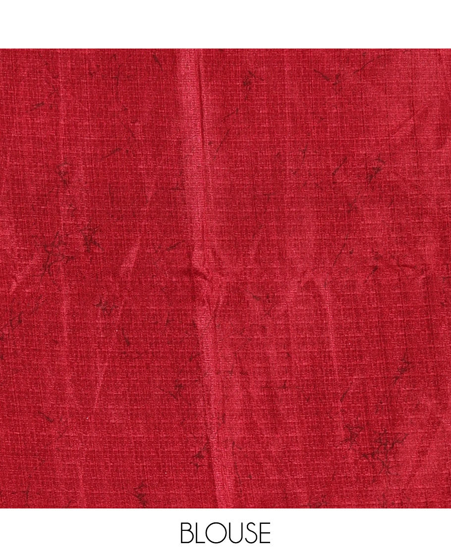 Borderless rani pink batik-style abstract vines printed khadi cotton saree, matching plain blouse
