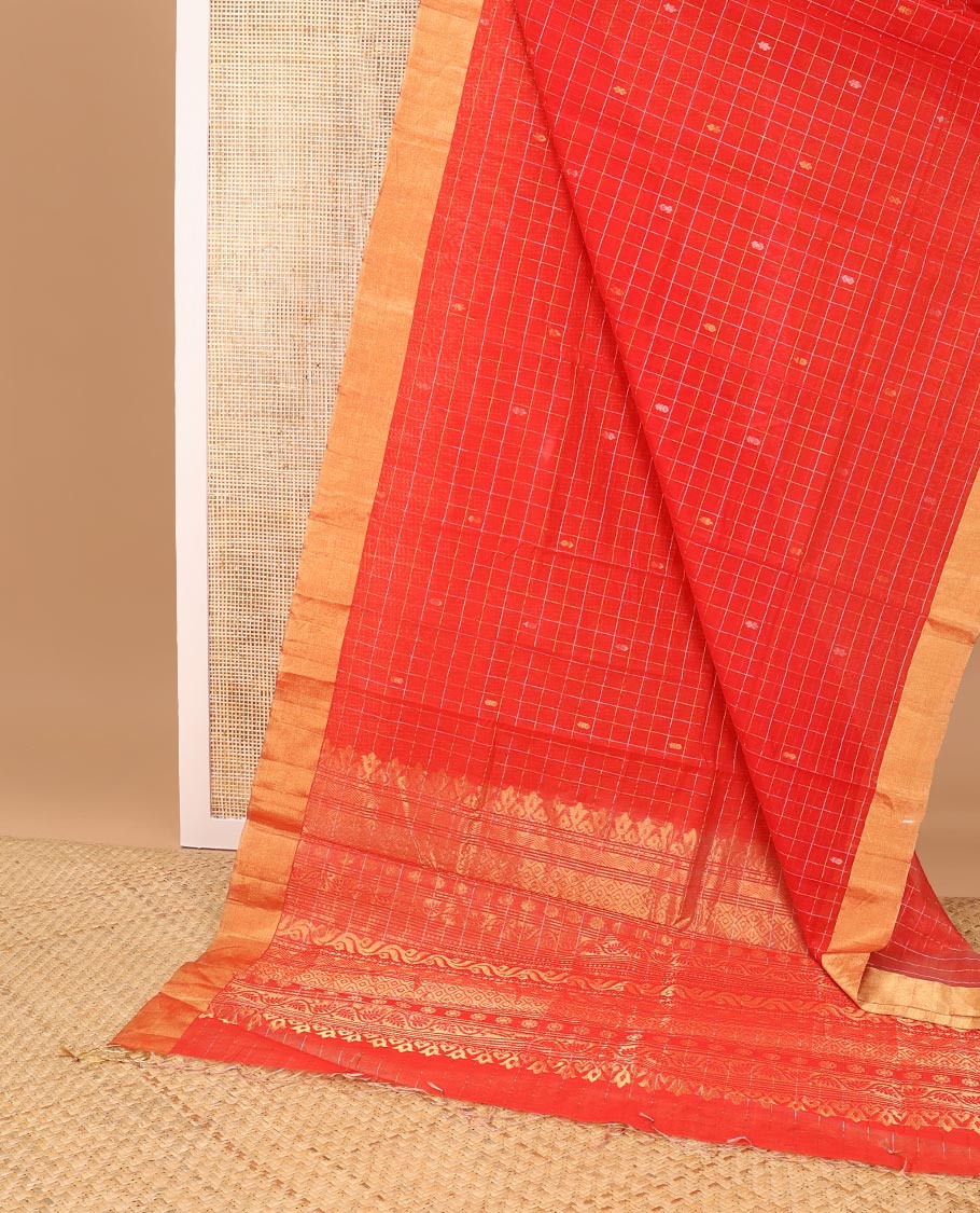 Red checked, floral motifs silk cotton saree with self zari border & floral design pallu