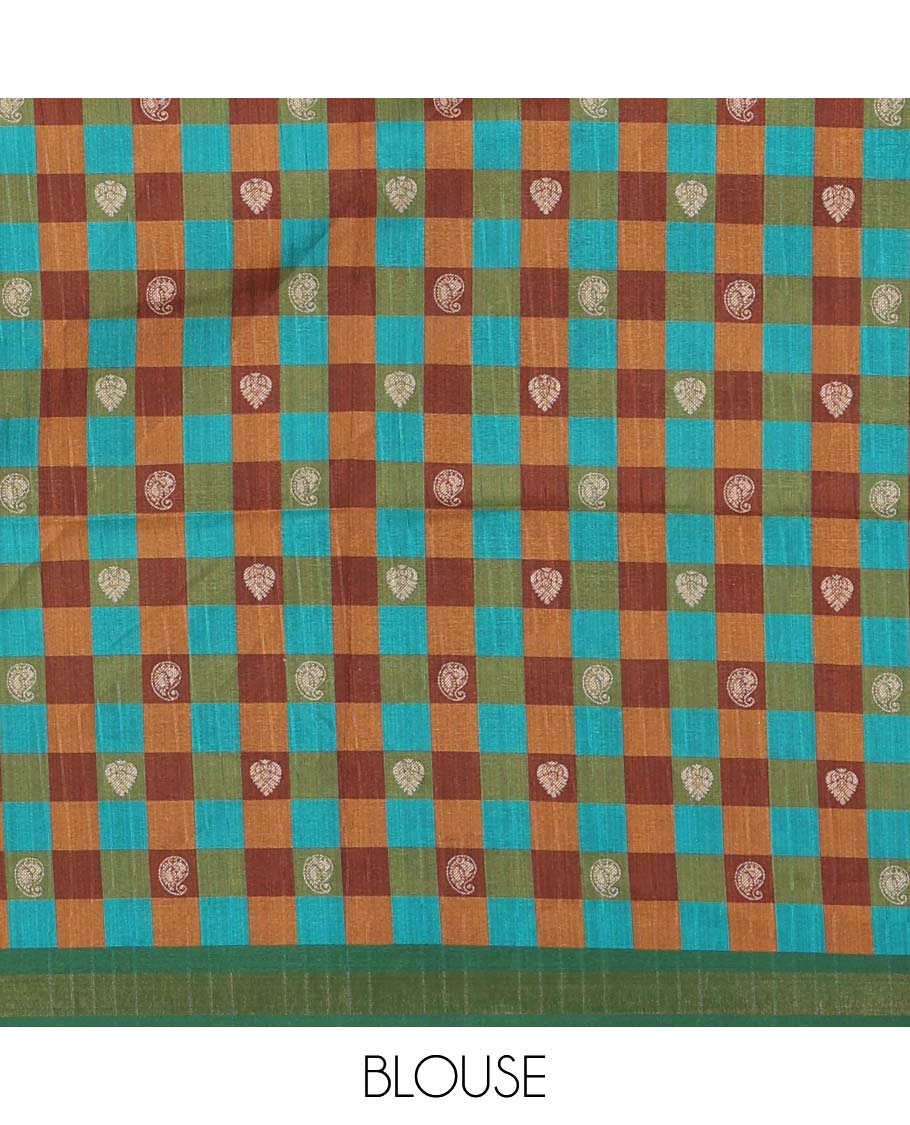 Chikku-Green plain kathan silk saree, contrast buttas enclosed multi-color checked blocks border, temple pallu, and contrast blouse of checks, and buttas