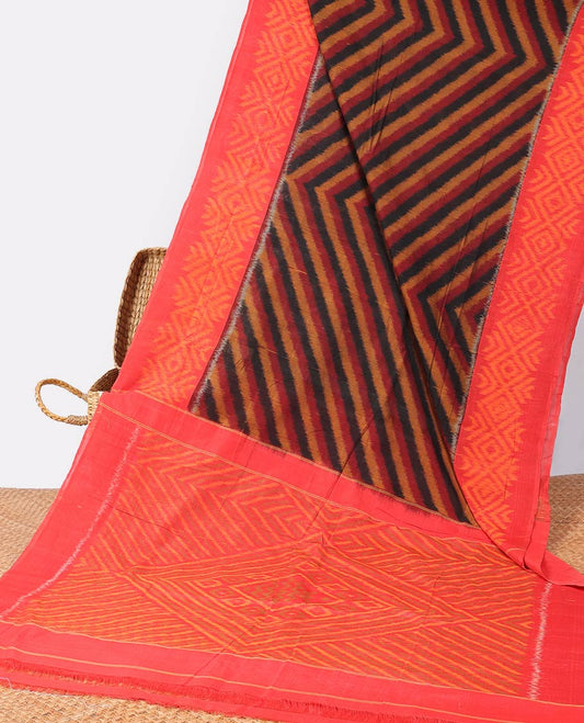 Multi colored striped ikkat cotton saree with contrast border & geomentric design pallu