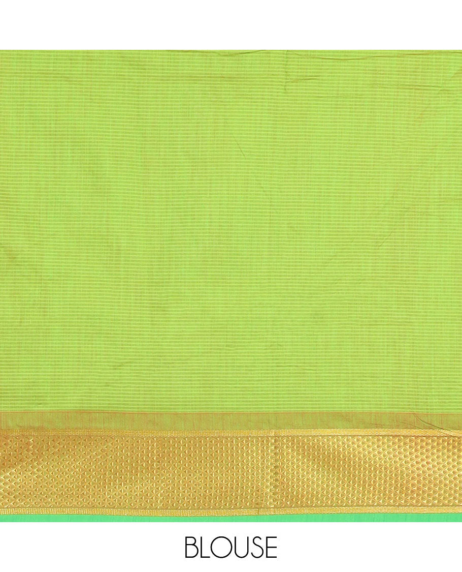 Light green nine yards cotton saree with contrast zari design border & traditional zari design pallu