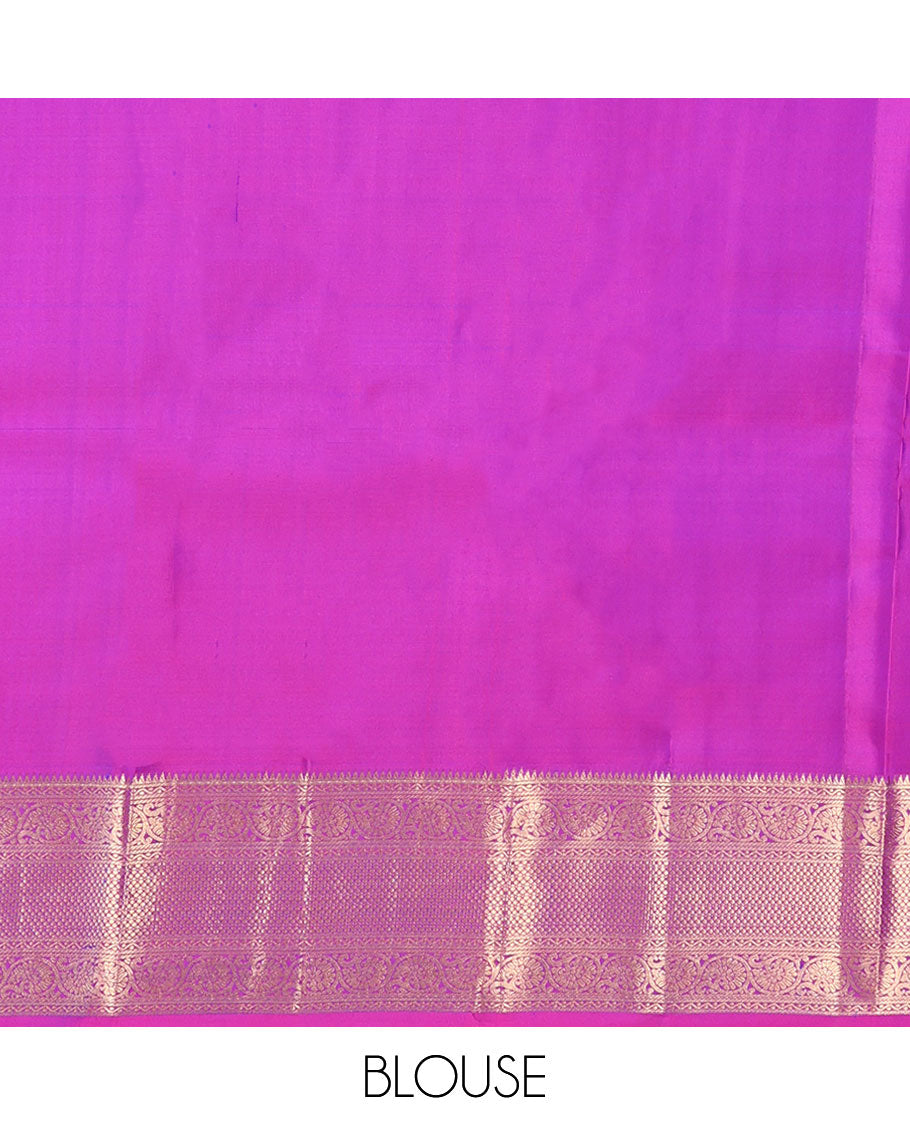 Blue Kanchipuram Silk Saree, Showcasing Zari Buttas All Over Its Body, Complemented by Contrast Border of Rekku, Neli, and Kodi Visiry Designs, Grand Jaal Pallu, and Paired with a Contrast Blouse