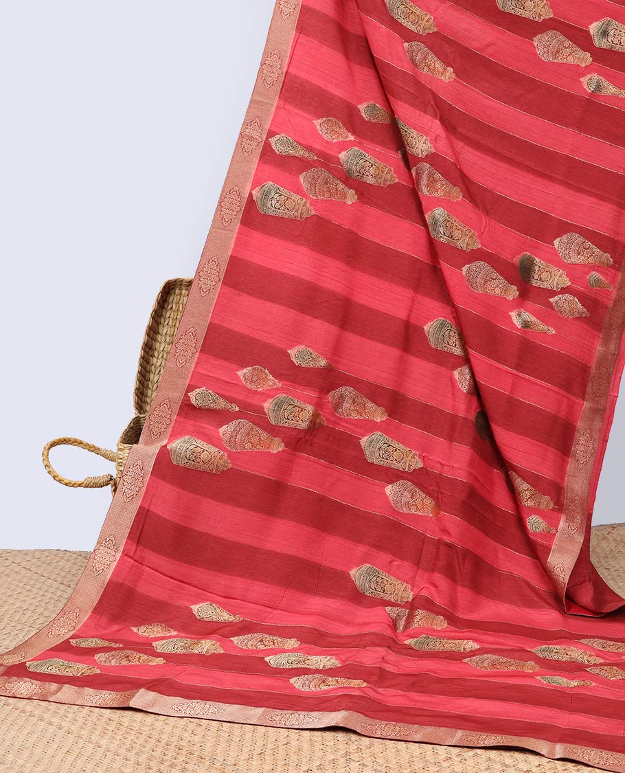 Red striped with zari motifs semi-banaras dola silk saree with contrast zari border