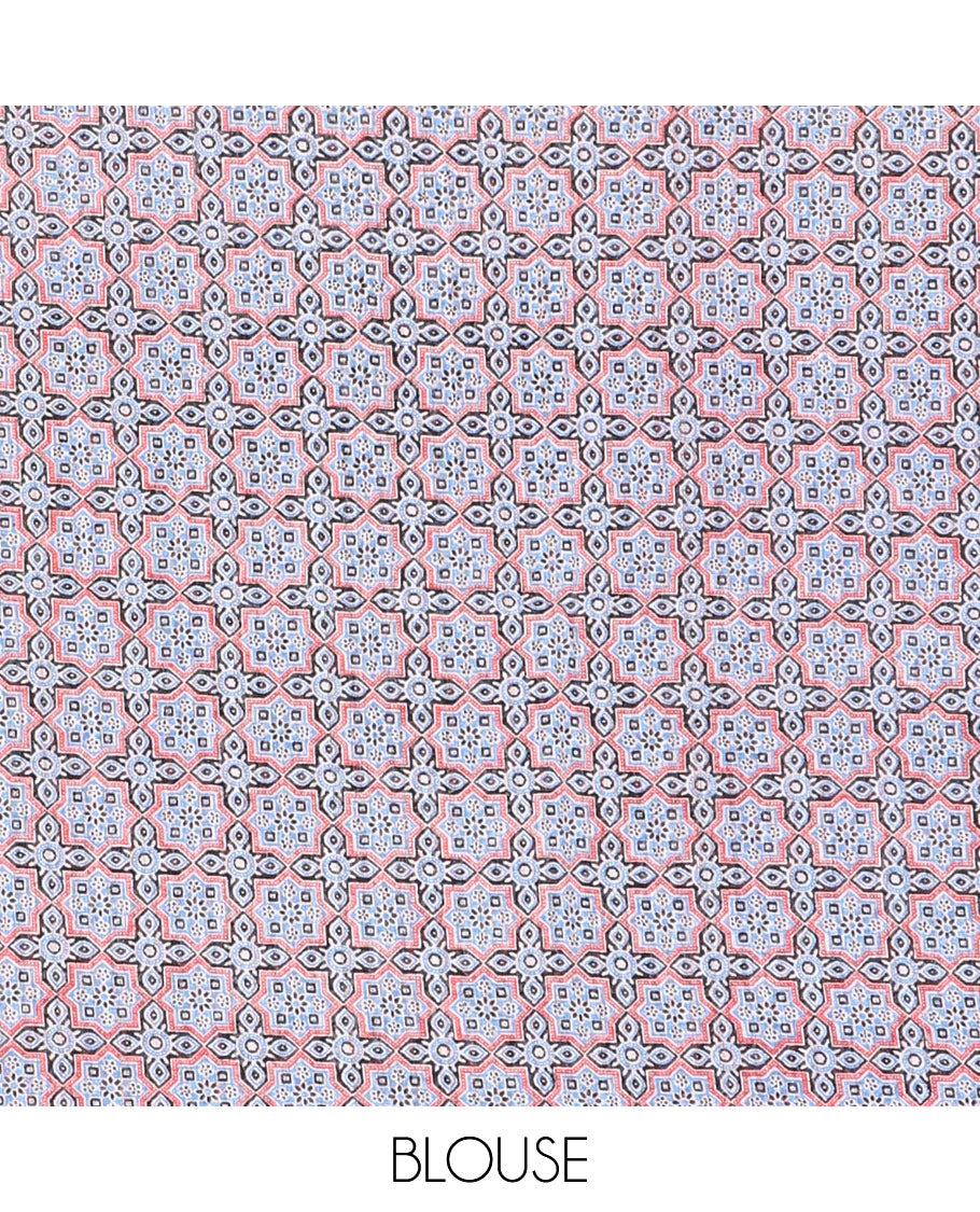 Borderless red bandhani style floral, paisley, and chakra printed semi-jute silk saree, contrast ajrakh printed pallu, and ajrakh printed blouse