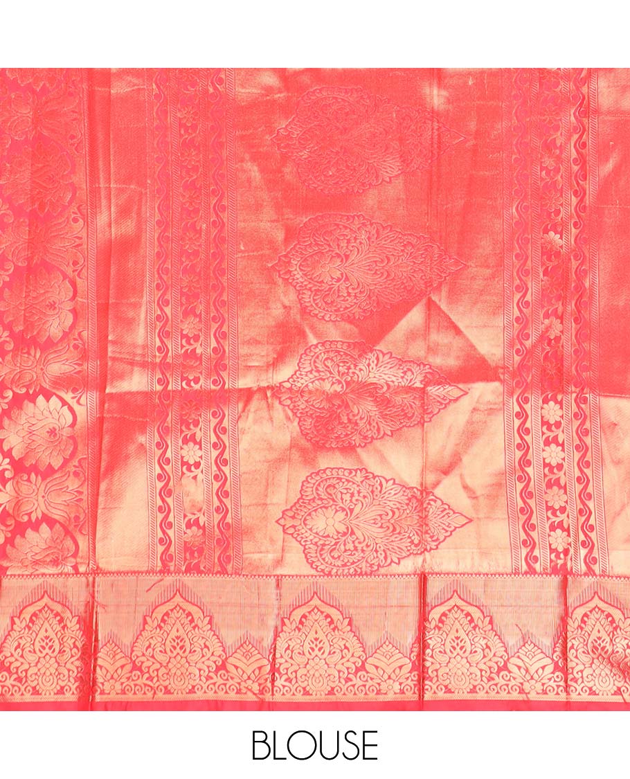 Red floral jacquard half saree with self floral zaei design border , zari design blouse & plain, zari design border dhavani