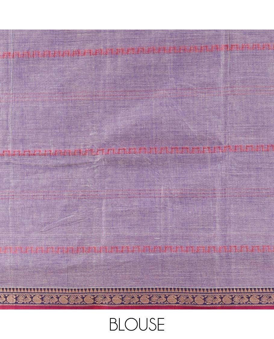 Grey striped Narayanapet cotton saree, contrast traditional motif border & striped pallu